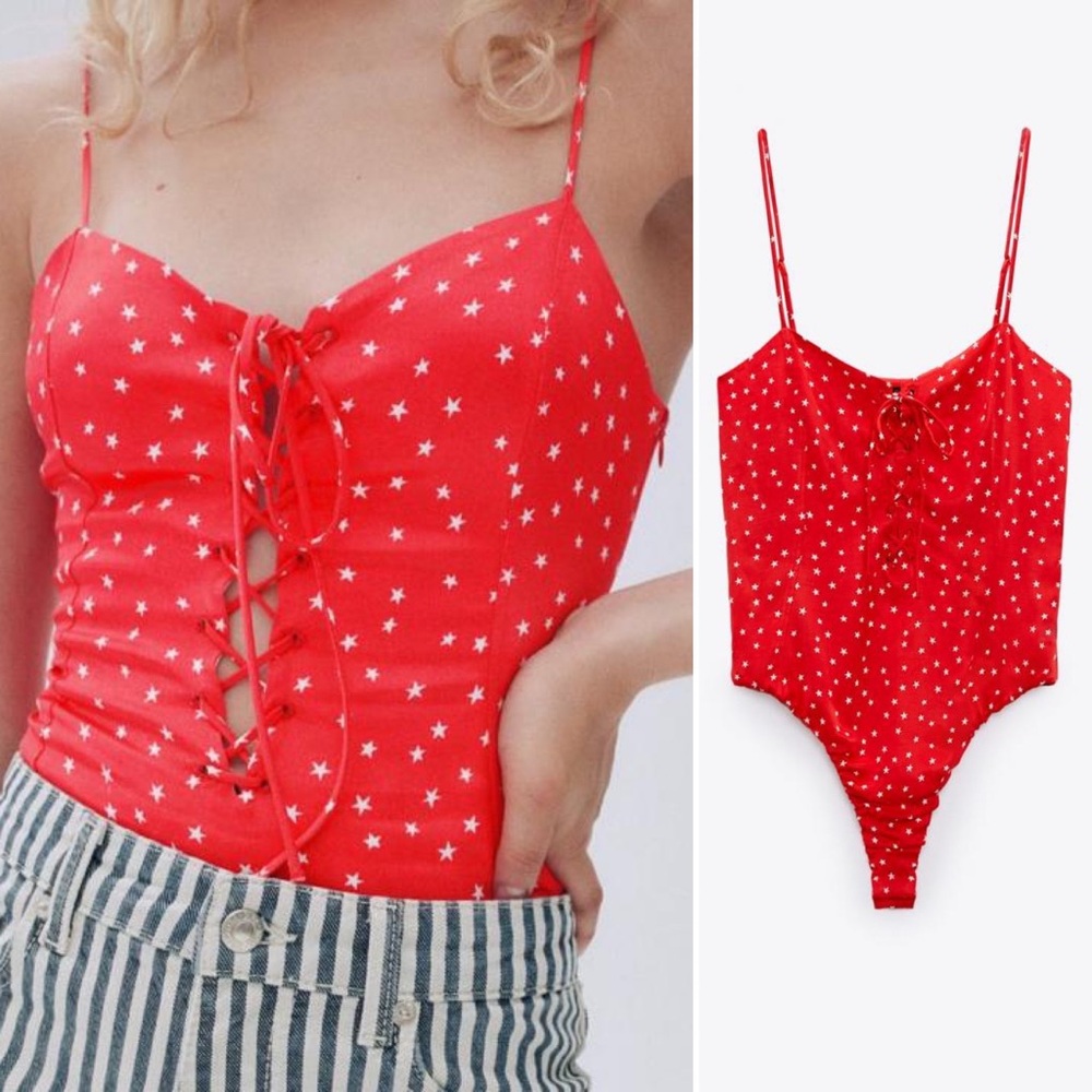 NWT ZARA Red Star Printed Satin Effect Open Tie Front Bodysuit Size SMALL